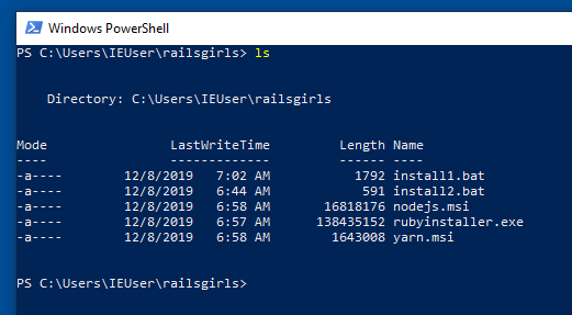 PowerShell: A list all files in the railsgirls folder