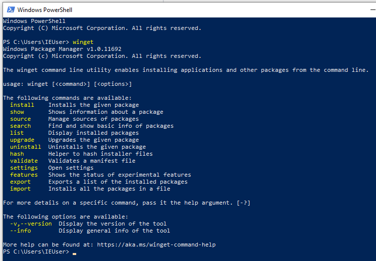 PowerShell showing winget default help output